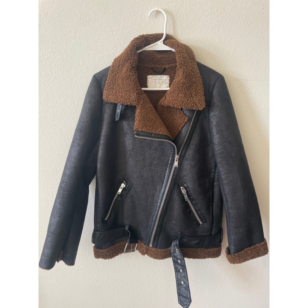 Zara Woman Faux Leather Shearling Aviator Biker Jacket Black Brown XS - Picture 2 of 4